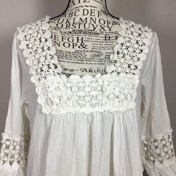 White gauzy 100% cotton tunic dress square neck crochet neck hem and cuff sz M - Picture 2 of 8